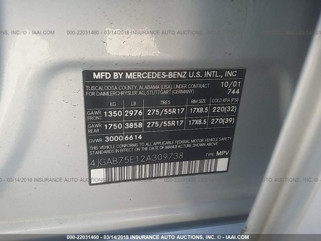 4JGAB75E12A309738 - 2002 MERCEDES-BENZ ML 500 SILVER photo 9