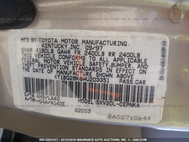 4T1BG28K8WU203351 - 1998 TOYOTA CAMRY CE/LE/XLE 棕色 照片 9