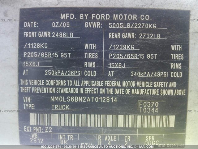 NM0LS6BN2AT012814 - 2010 FORD TRANSIT CONNECT XLT WHITE photo 9