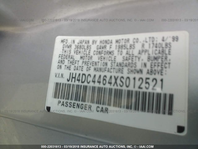 JH4DC4464XS012521 - 1999 ACURA INTEGRA GS SILVER photo 9