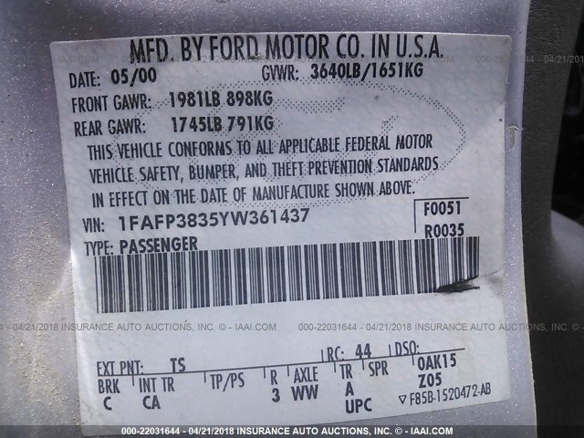 1FAFP3835YW361437 - 2000 FORD FOCUS ZTS SILVER photo 9