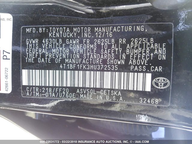 4T1BF1FK3HU372535 - 2017 TOYOTA CAMRY LE/XLE/SE/XSE შავი ფოტო 9