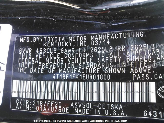 4T1BF1FK1EU801800 - 2014 TOYOTA CAMRY L/SE/LE/XLE 黑色 照片 9