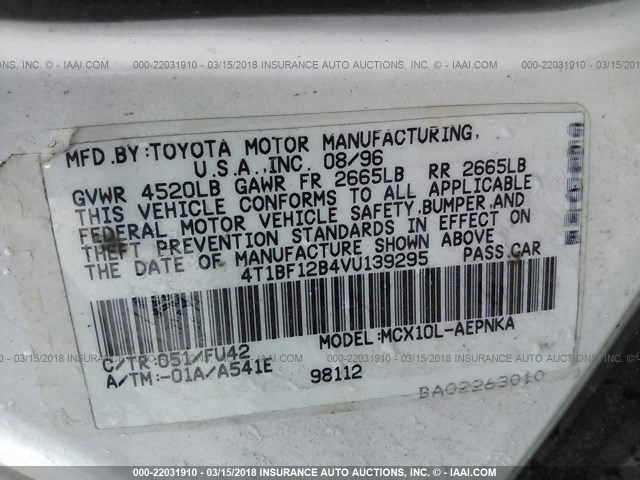 4T1BF12B4VU139295 - 1997 TOYOTA AVALON XL/XLS WHITE photo 9