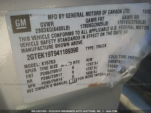 2GTEK19T941189390 - 2004 GMC NEW SIERRA K1500 SILVER photo 9