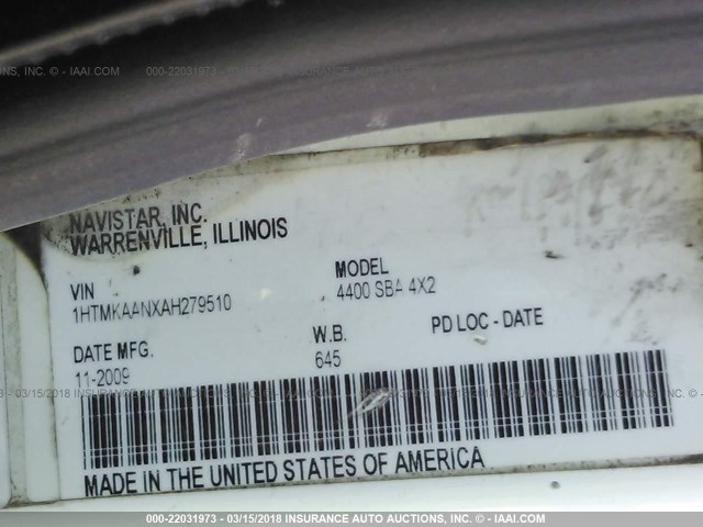 1HTMKAANXAH279510 - 2010 INTERNATIONAL 4000 4400 WHITE photo 10