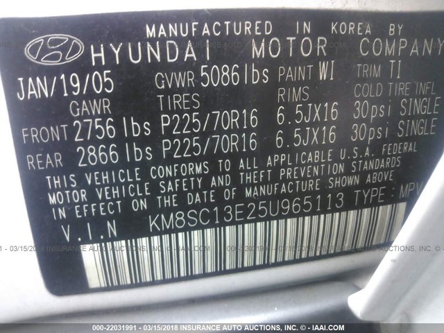 KM8SC13E25U965113 - 2005 HYUNDAI SANTA FE GLS/LX WHITE photo 9