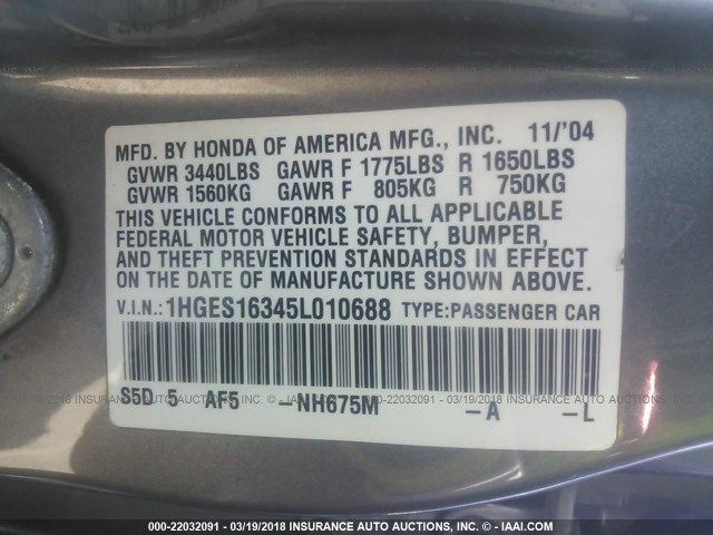 1HGES16345L010688 - 2005 HONDA CIVIC DX VP GRAY photo 9