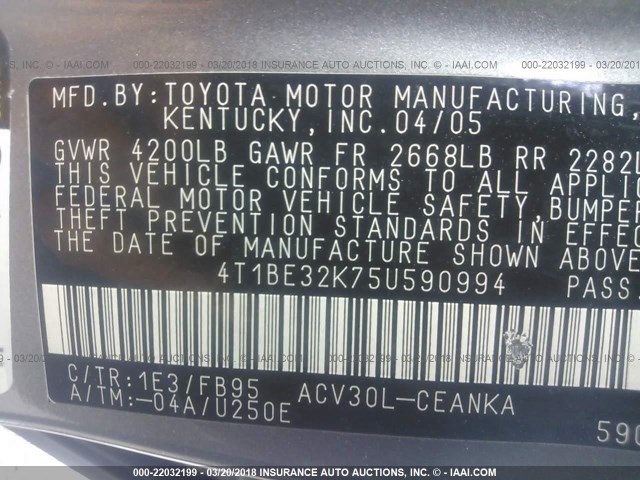 4T1BE32K75U590994 - 2005 TOYOTA CAMRY LE/XLE/SE GRAY photo 9