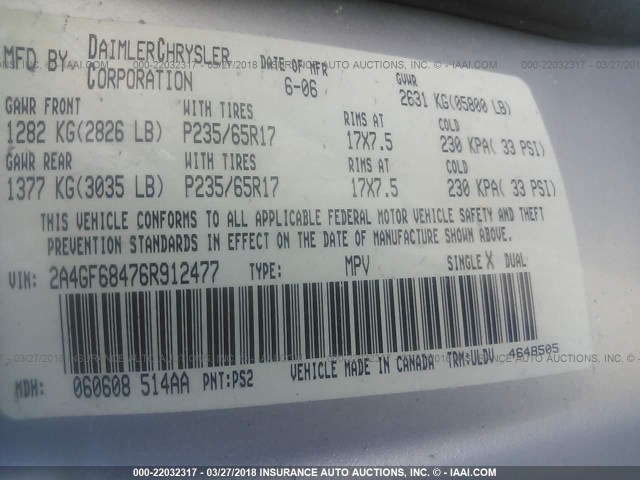 2A4GF68476R912477 - 2006 CHRYSLER PACIFICA TOURING SILVER photo 9