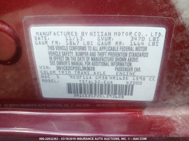 3N1CE2CP2EL393628 - 2014 NISSAN VERSA NOTE S/S PLUS/SV/SL RED photo 9