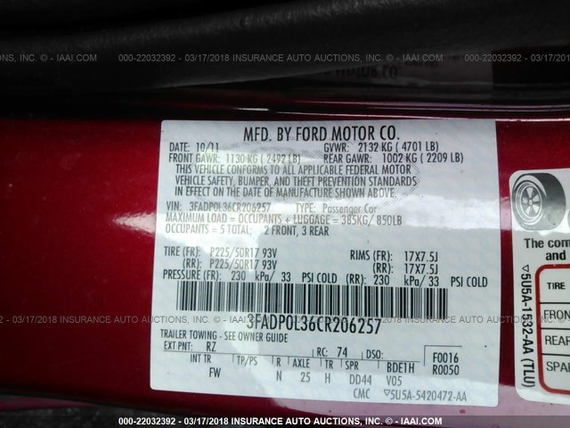 3FADP0L36CR206257 - 2012 FORD FUSION HYBRID RED photo 9