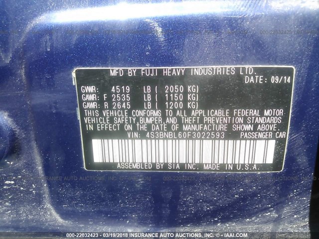 4S3BNBL60F3022593 - 2015 SUBARU LEGACY 2.5I LIMITED BLUE photo 9