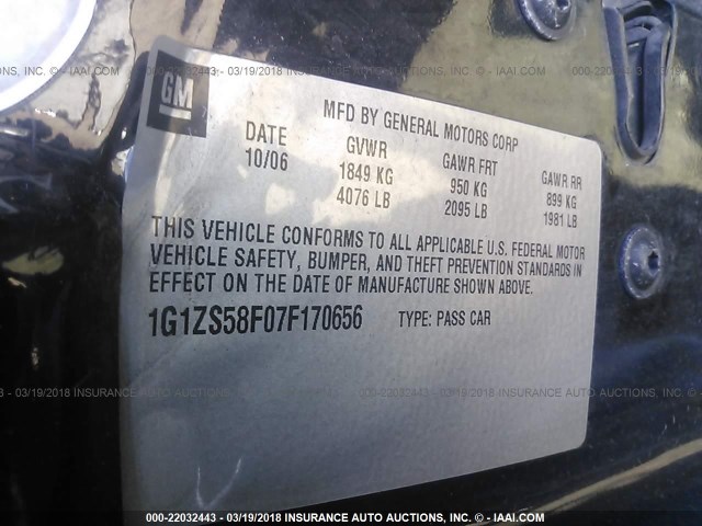 1G1ZS58F07F170656 - 2007 CHEVROLET MALIBU LS შავი ფოტო 9