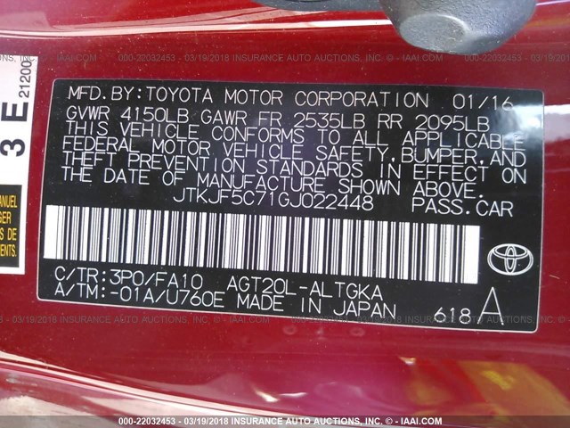 JTKJF5C71GJ022448 - 2016 TOYOTA SCION TC 红色 照片 9
