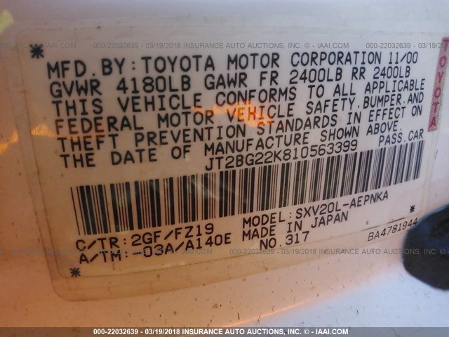 JT2BG22K810563399 - 2001 TOYOTA CAMRY CE/LE/XLE 白色 照片 9