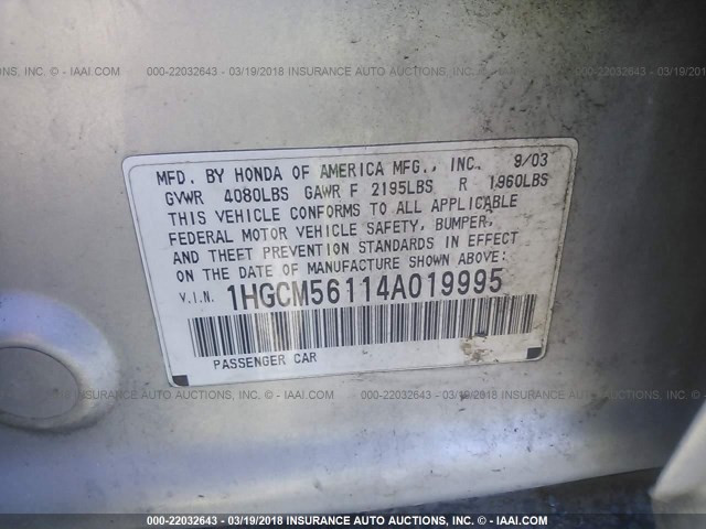 1HGCM56114A019995 - 2004 HONDA ACCORD DX SILVER photo 9