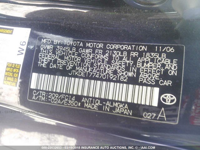 JTKDE177470192182 - 2007 TOYOTA SCION TC 黑色 照片 9