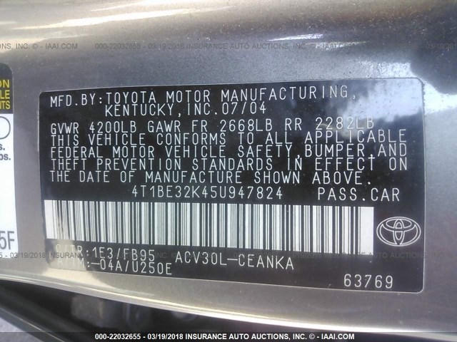 4T1BE32K45U947824 - 2005 TOYOTA CAMRY LE/XLE/SE GRAY photo 9