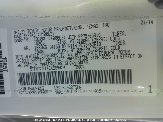 5TFUY5F14EX359454 - 2014 TOYOTA TUNDRA DOUBLE CAB SR/SR5 WHITE photo 9