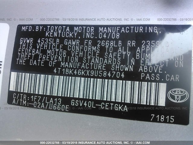 4T1BK46KX9U584704 - 2009 TOYOTA CAMRY SE/LE/XLE SILVER photo 9