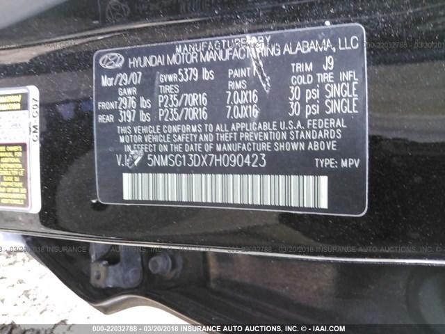 5NMSG13DX7H090423 - 2007 HYUNDAI SANTA FE GLS BLACK photo 9