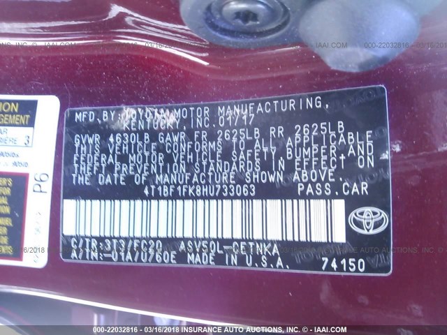 4T1BF1FK8HU733063 - 2017 TOYOTA CAMRY LE/XLE/SE/XSE BLACK photo 9