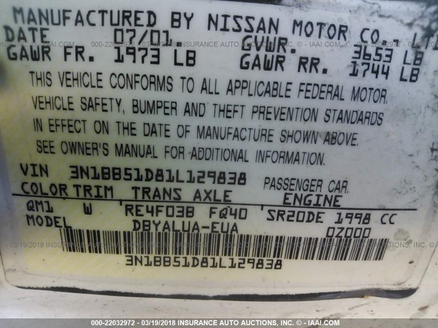 3N1BB51D81L129838 - 2001 NISSAN SENTRA SE WHITE photo 9