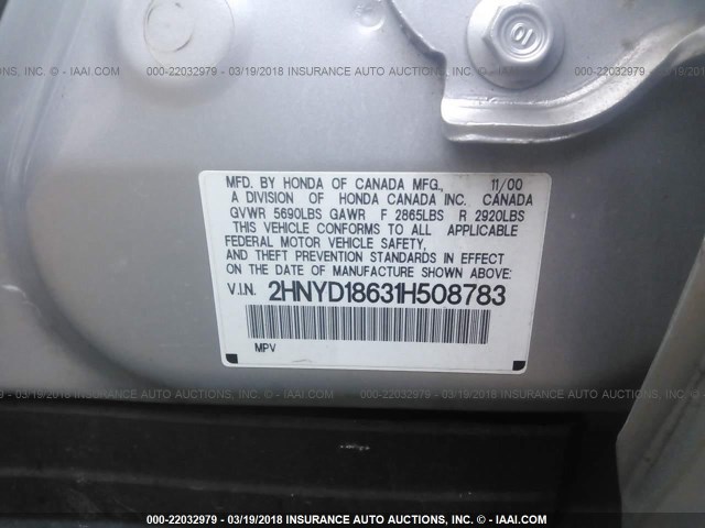 2HNYD18631H508783 - 2001 ACURA MDX TOURING SILVER photo 9