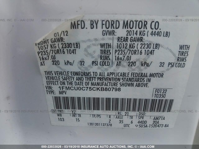 1FMCU0C75CKB80798 - 2012 FORD ESCAPE XLS WHITE photo 9