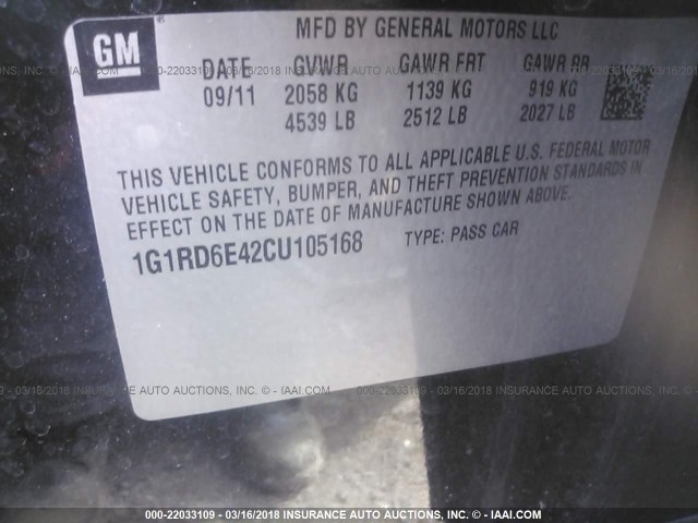 1G1RD6E42CU105168 - 2012 CHEVROLET VOLT BLACK photo 9