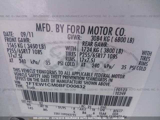 1FTEW1CM0BFD00632 - 2011 FORD F150 SUPERCREW WHITE photo 9