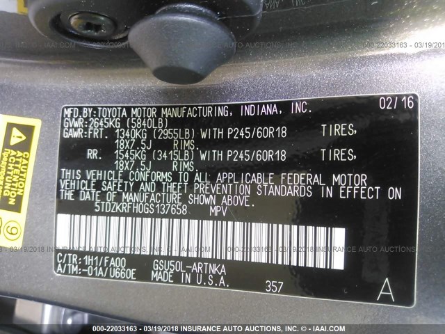 5TDZKRFH0GS137658 - 2016 TOYOTA HIGHLANDER LE/LE PLUS GRAY photo 9