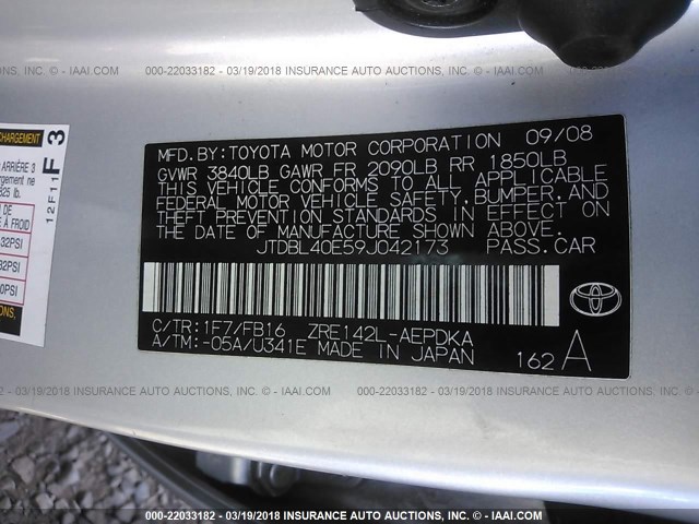 JTDBL40E59J042173 - 2009 TOYOTA COROLLA LE/XLE SILVER photo 9