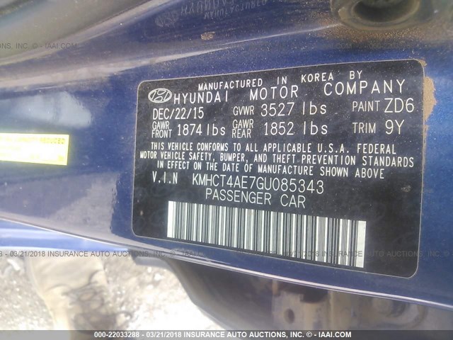 KMHCT4AE7GU085343 - 2016 HYUNDAI ACCENT SE BLUE photo 9