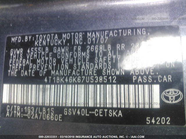 4T1BK46K67U538512 - 2007 TOYOTA CAMRY NEW GENERAT LE/XLE/SE GRAY photo 9