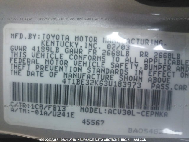 4T1BE32K63U183973 - 2003 TOYOTA CAMRY LE/XLE/SE GRAY photo 9
