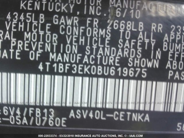 4T1BF3EK0BU619675 - 2011 TOYOTA CAMRY SE/LE/XLE Жасыл фото 9