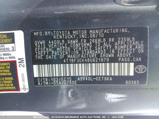 4T1BF3EK4BU621879 - 2011 TOYOTA CAMRY SE/LE/XLE GRAY photo 9