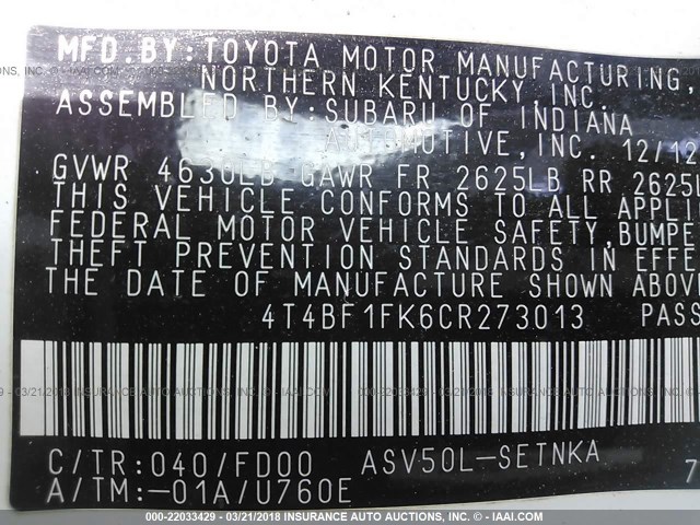 4T4BF1FK6CR273013 - 2012 TOYOTA CAMRY SE/LE/XLE Ақ фото 9