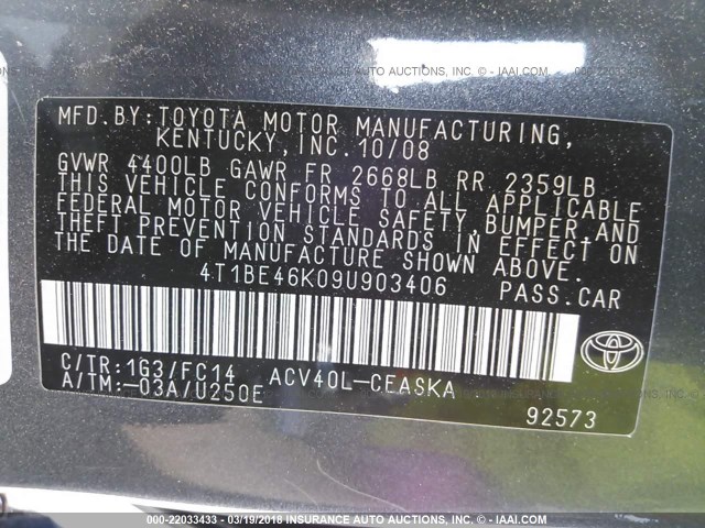 4T1BE46K09U903406 - 2009 TOYOTA CAMRY SE/LE/XLE GRAY photo 9