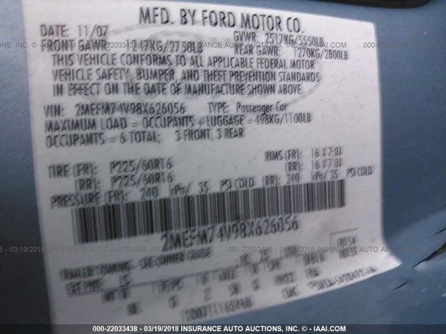 2MEFM74V98X626056 - 2008 MERCURY GRAND MARQUIS GS BLUE photo 9