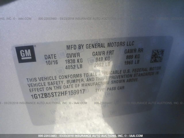 1G1ZB5ST2HF159917 - 2017 CHEVROLET MALIBU LS 银色 照片 9