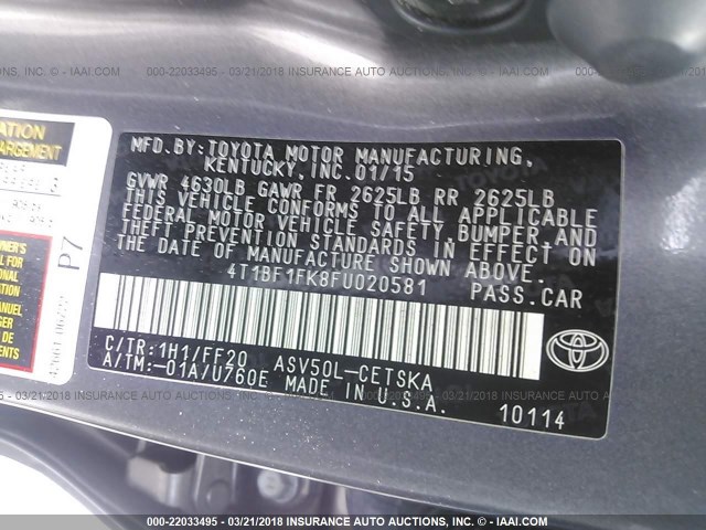 4T1BF1FK8FU020581 - 2015 TOYOTA CAMRY LE/XLE/SE/XSE GRAY photo 9