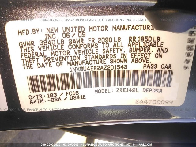 1NXBU4EE2AZ201543 - 2010 TOYOTA COROLLA S/LE/XLE GRAY photo 9