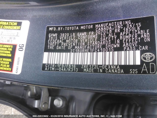 2T1BURHE1FC410015 - 2015 TOYOTA COROLLA L/LE/LE PLS/PRM/S/S PLS GRAY photo 9