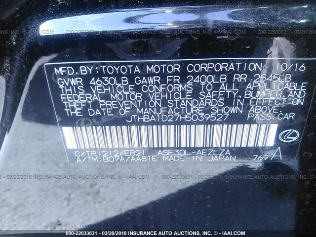 JTHBA1D27H5039527 - 2017 LEXUS IS 200T BLACK photo 9