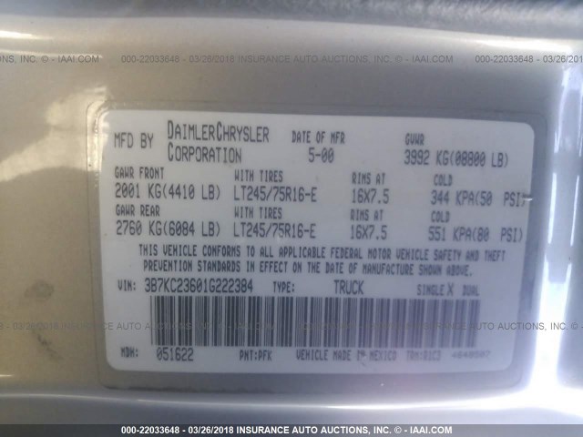 3B7KC23601G222384 - 2001 DODGE RAM 2500 SILVER photo 9