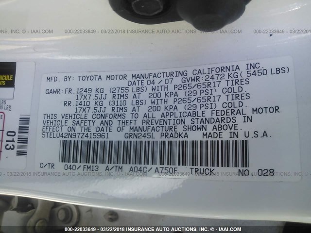 5TELU42N97Z415961 - 2007 TOYOTA TACOMA DOUBLE CAB თეთრი ფოტო 9