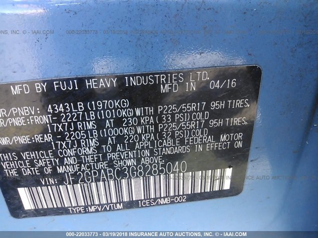 JF2GPABC3G8285040 - 2016 SUBARU CROSSTREK PREMIUM ლურჯი ფოტო 9